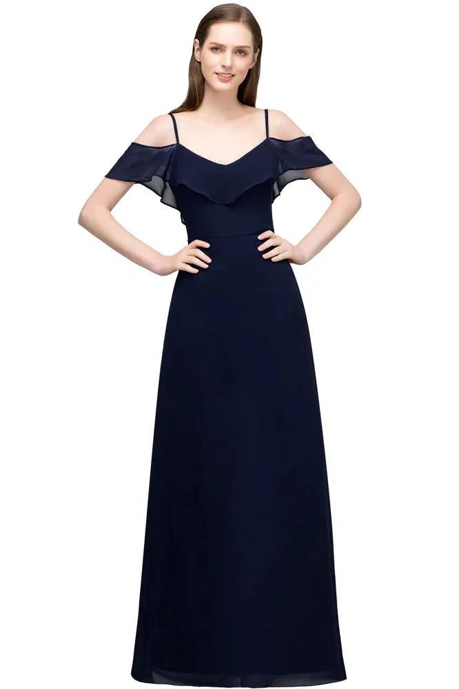 Off-shoulder V-neck A-line Spaghetti Long Chiffon Prom Dresses