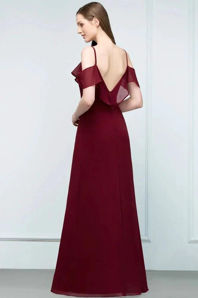 Off-shoulder V-neck A-line Spaghetti Long Chiffon Prom Dresses