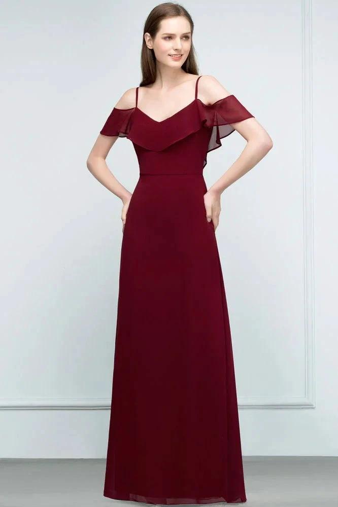 Off-shoulder V-neck A-line Spaghetti Long Chiffon Prom Dresses