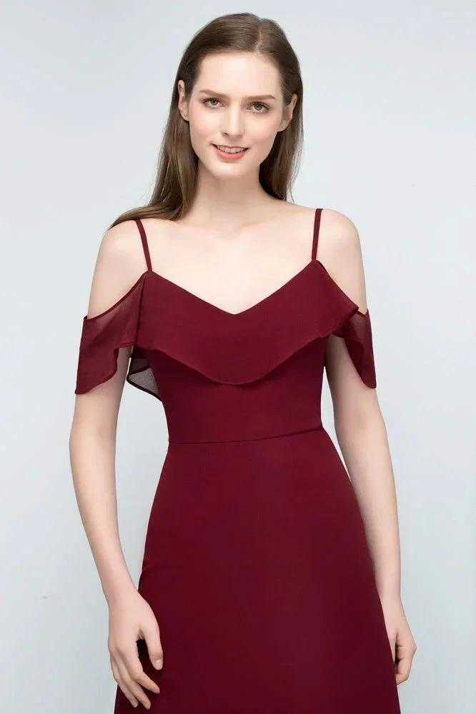 Off-shoulder V-neck A-line Spaghetti Long Chiffon Prom Dresses