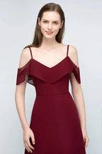Off-shoulder V-neck A-line Spaghetti Long Chiffon Prom Dresses