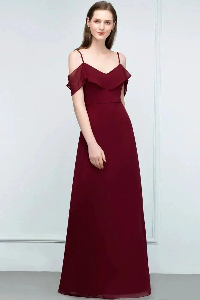 Off-shoulder V-neck A-line Spaghetti Long Chiffon Prom Dresses
