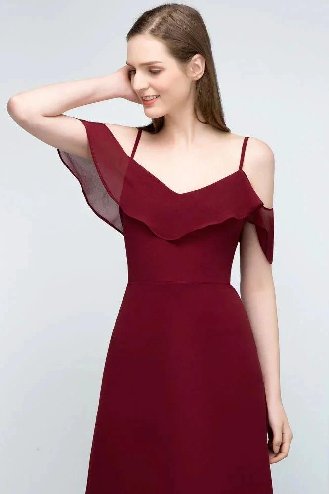 Off-shoulder V-neck A-line Spaghetti Long Chiffon Prom Dresses