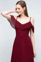 Off-shoulder V-neck A-line Spaghetti Long Chiffon Prom Dresses