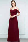 Off-shoulder V-neck A-line Spaghetti Long Chiffon Prom Dresses