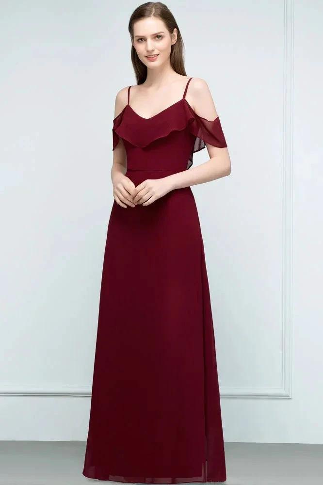 Off-shoulder V-neck A-line Spaghetti Long Chiffon Prom Dresses