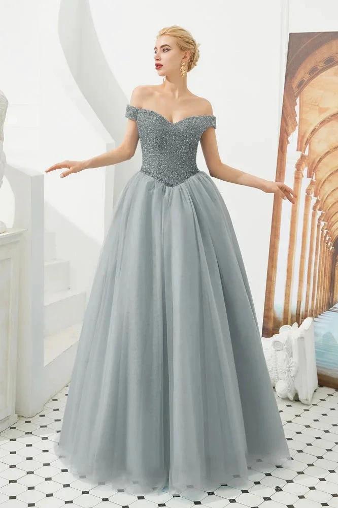 Off the Shoulder aline Princess Ball Gown Tulle Floor Length Beadings Party Gown Lace-up