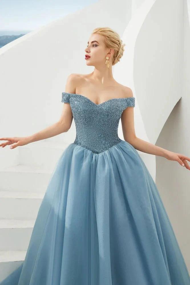 Off the Shoulder aline Princess Ball Gown Tulle Floor Length Beadings Party Gown Lace-up