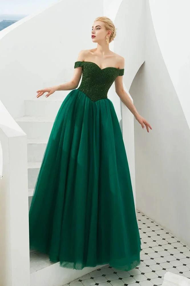 Off the Shoulder aline Princess Ball Gown Tulle Floor Length Beadings Party Gown Lace-up