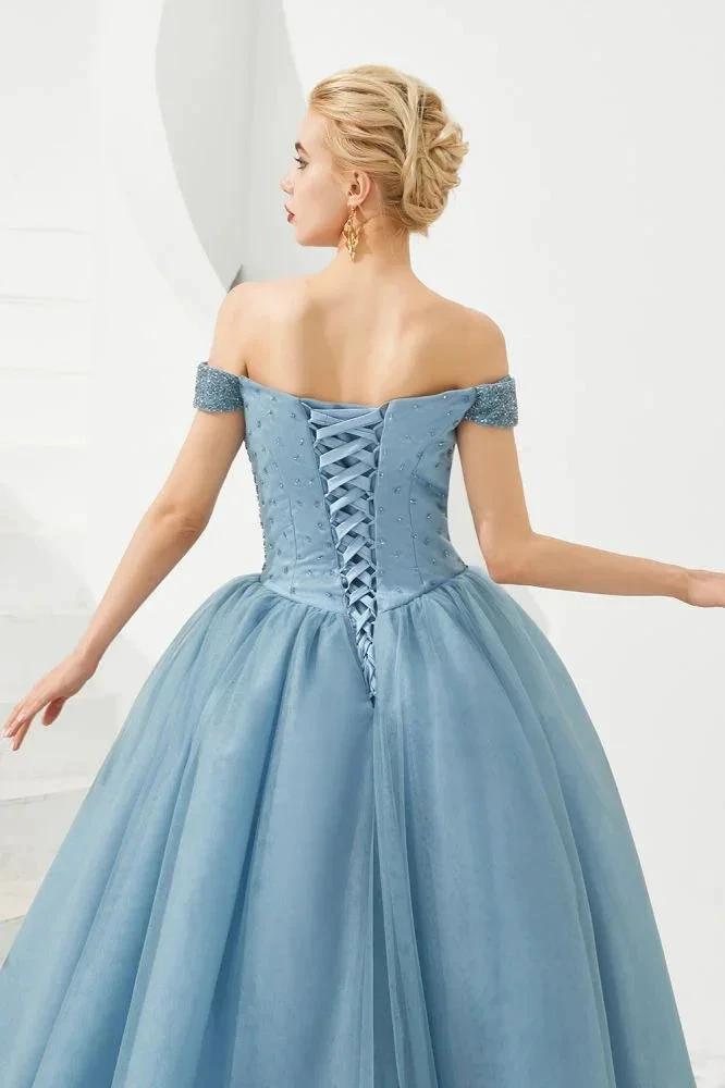 Off the Shoulder aline Princess Ball Gown Tulle Floor Length Beadings Party Gown Lace-up