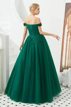 Off the Shoulder aline Princess Ball Gown Tulle Floor Length Beadings Party Gown Lace-up