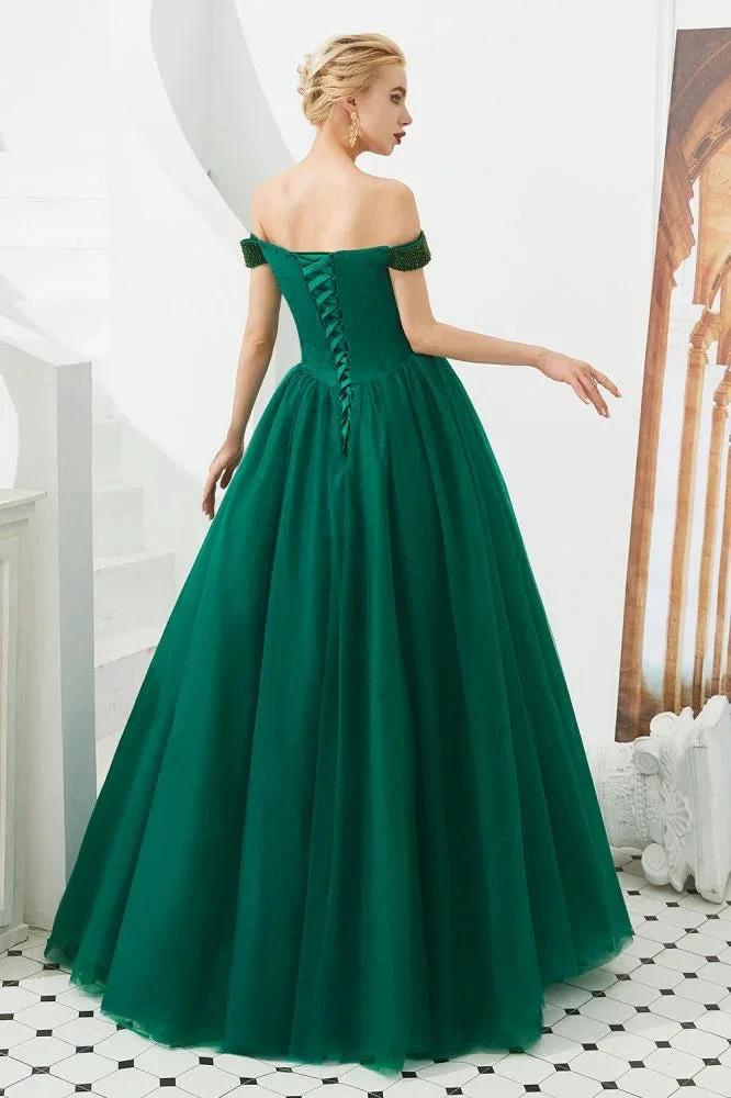 Off the Shoulder aline Princess Ball Gown Tulle Floor Length Beadings Party Gown Lace-up