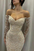Off-the-Shoulder Glitter Pearls Evening Dresses Mermaid Long Sleeves Prom Dress with Beadings