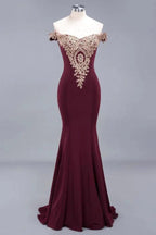 Off the Shoulder Gold Appliques Mermaid Evening Gowns Slim Prom Dress