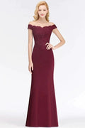 Off-the-shoulder Long Appliques Satin Mermaid Prom Gown Bridesmaid Dresses