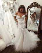 Off the Shoulder Pretty Mermaid Lace Long Tulle Elegant Wedding Dresses
