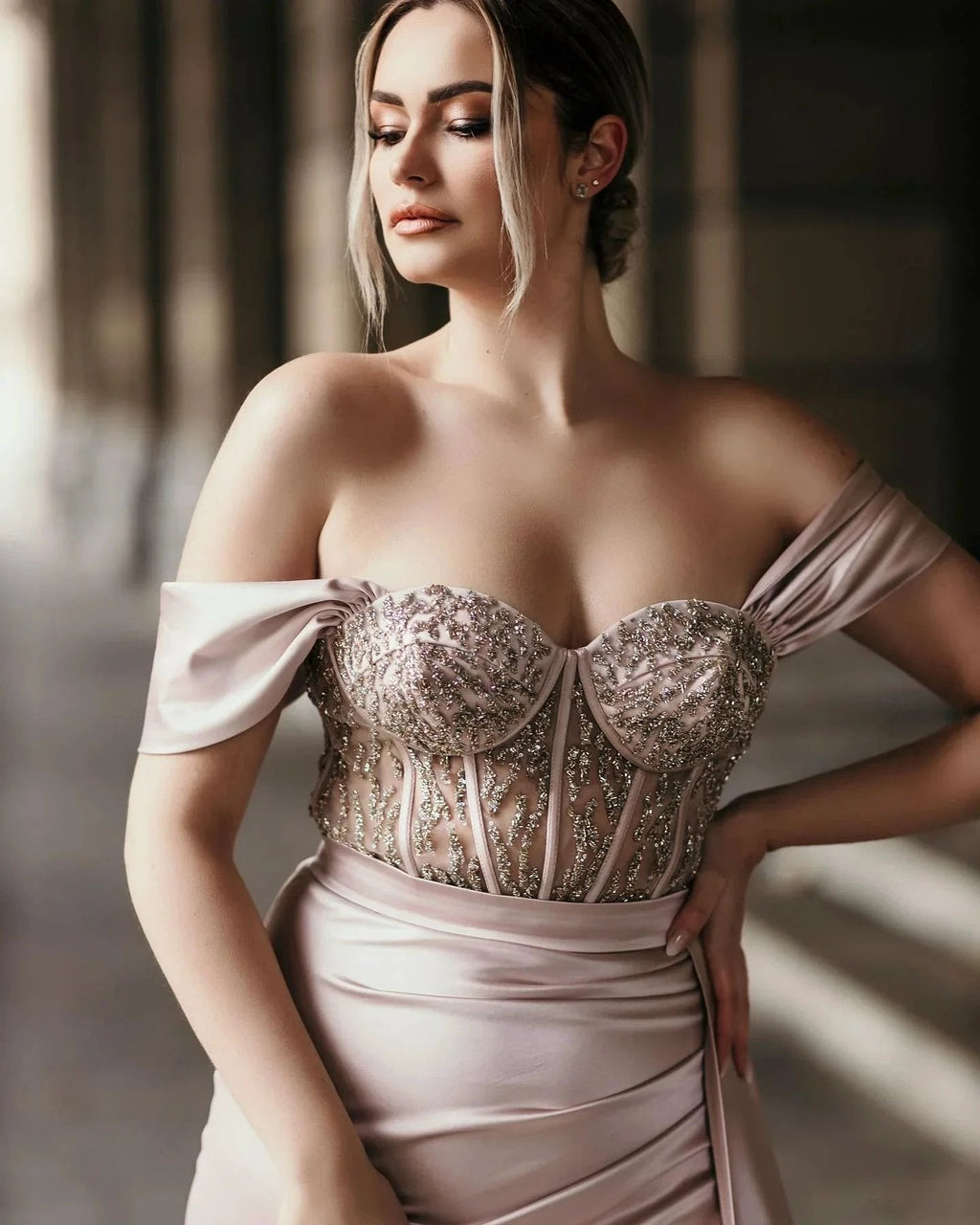 Off-the-Shoulder Satin Mermaid Prom Dress Side Slit with Detachable Train