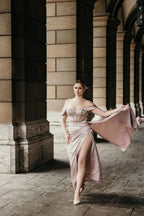 Off-the-Shoulder Satin Mermaid Prom Dress Side Slit with Detachable Train