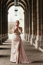 Off-the-Shoulder Satin Mermaid Prom Dress Side Slit with Detachable Train