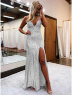Mermaid Trumpet Prom Dresses Sparkle Shine Dress Formal Wedding Party Sweep Brush Train Sleeveless V Neck Sequined Backless with Glitter Sequin