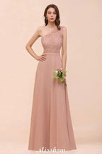 One Shoulder Chiffon Bridesmaid Dress Dusty Pink Wedding Guest Dress for Bride