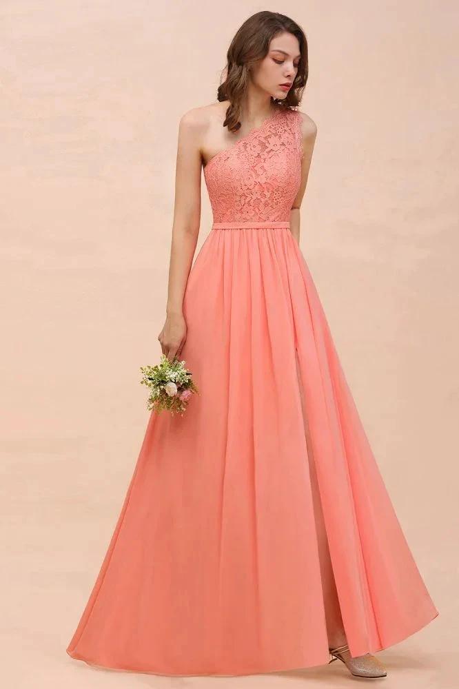 One Shoulder Floral Bridesmaid Dress Side Split Formal Wedding Guest Dress with Pocket