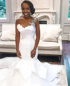 One shoulder Mermaid Bridal Wears with Ruffles Train