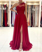 One Shoulder Red Prom Dress Floor Length Sleeveless Maxi Dress with Front Slit
