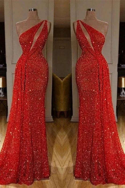 One Shoulder Red Sexy Sequins Long Prom Dresses