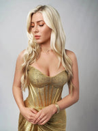 Oren | Mermaid Gold Satin Corset Long Prom Dresses with Slit