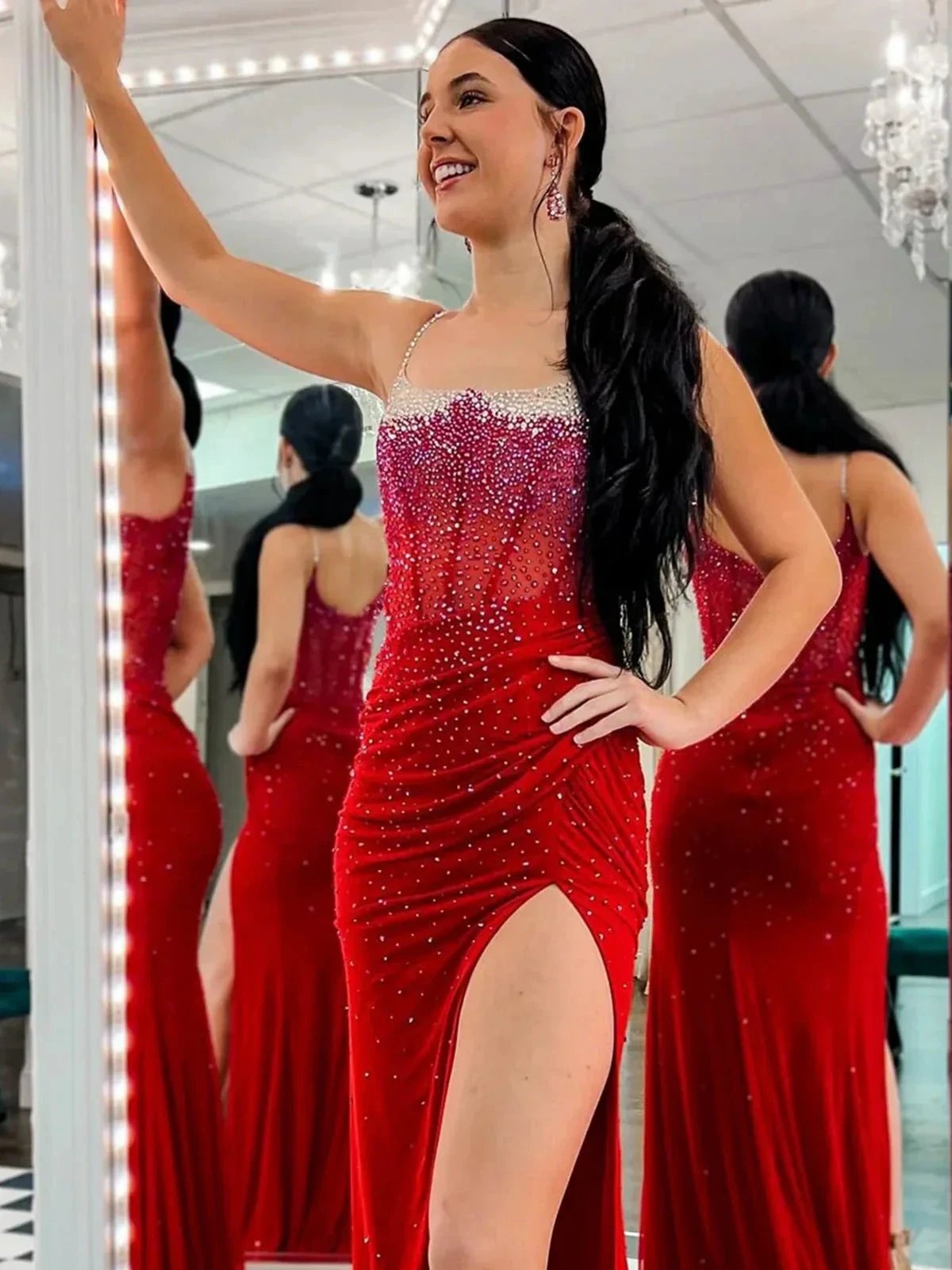 Oriole | Spaghetti Straps Beaded Mermaid Prom Dress with Slit