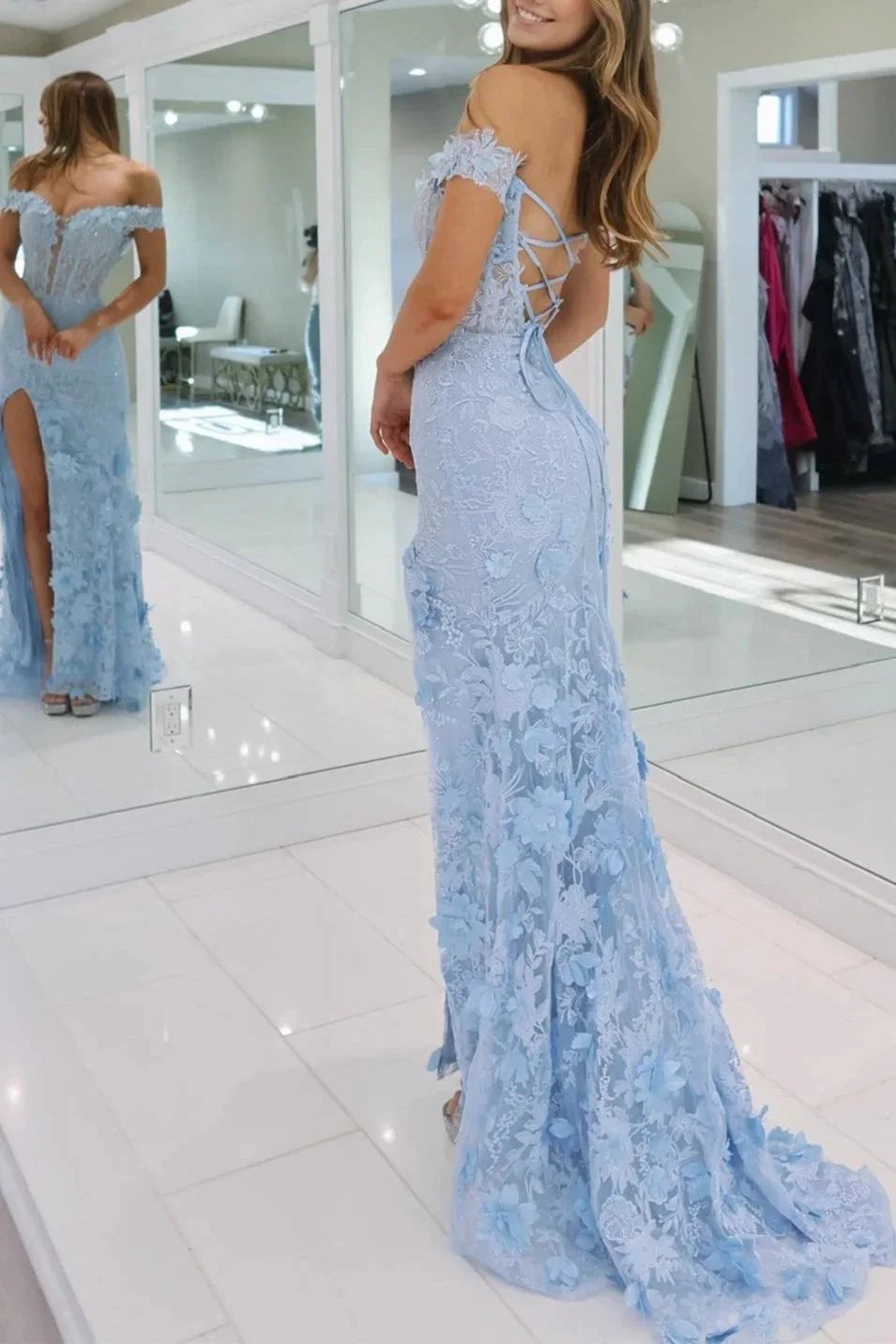 Paradis | Off The Shoulder Floral Lace Long Prom Dress With Split