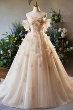 Phebian | Champagne Off the Shoulder Tulle Floral Floor Length Long Prom Dresses