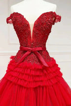 Pink A Line Tulle Ruffles Off the Shoulder Long Prom Dresses with Bow