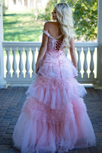 Pink A Line Tulle Ruffles Off the Shoulder Long Prom Dresses with Bow