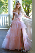 Pink A Line Tulle Ruffles Off the Shoulder Long Prom Dresses with Bow