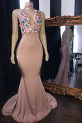 Pink Flowers Appliques Mermaid Long Prom Dresses Glamorous Sleeveless V-Neck Evening Gowns