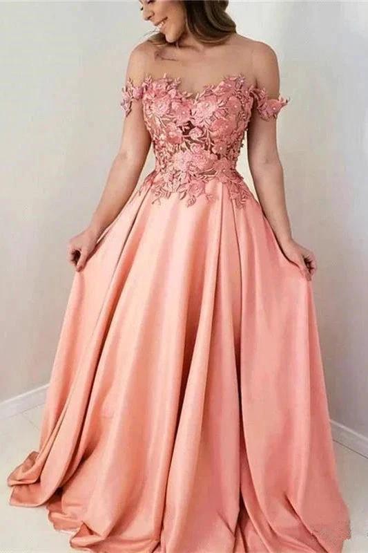 Pink Flowers Sweetheart Off-the-Shoulder A-Line Prom Dresses