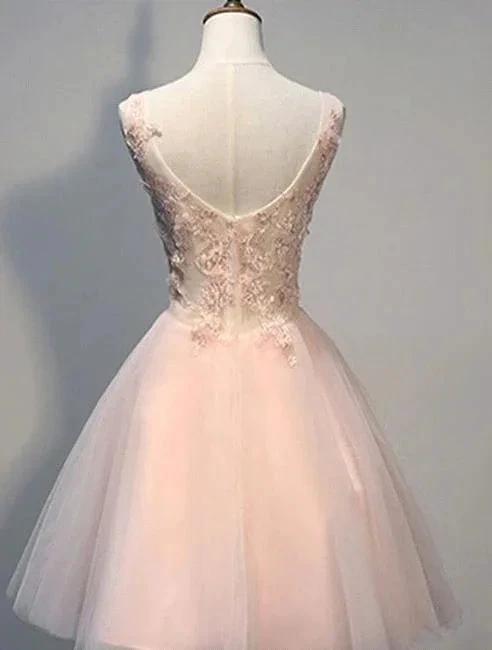 Pink Lace Short Prom Dresses Evening Dresses With Lace Appliques A Line Tulle Evening Wear