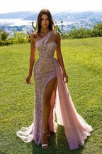 Pink Lace Sleeveless Long Sexy Evening Dress with Glitter