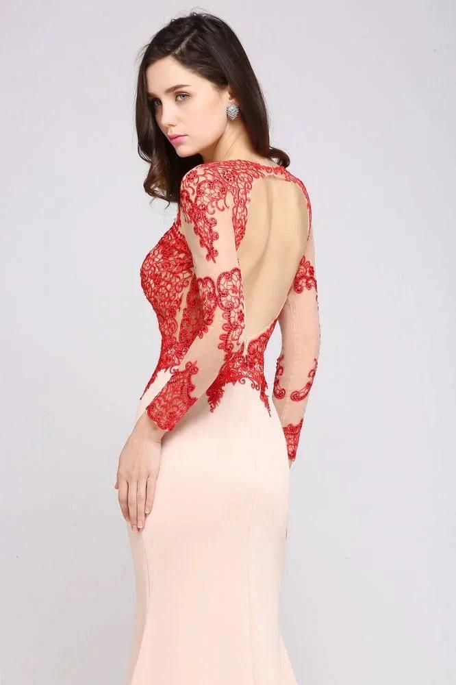 Pink Mermaid Scoop Sweep Train Pretty Evening Dresses with Lace