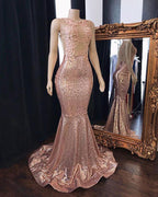 Pink Sequins Mermaid Prom Dresses Long Tulle Backless Evening Gowns