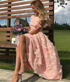 Pink Short Flowers Jewel A-Line Tea-length Prom Dresses