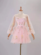 Sweetheart Embroidery Short-Length Tulle Puff Sleeves Cocktail Dress