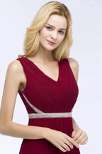 Plus Size A-line V-neck Long Sleeveless Ruffled Chiffon Bridesmaid Dresses with Beading Sash