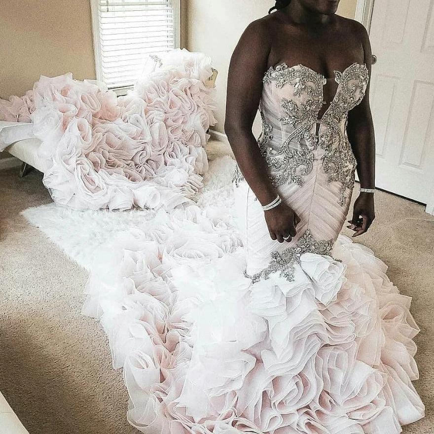 Plus Size Mermaid Crystal Lace Beads Sweetheart Long Train African Custom Made Ruffless Wedding Dress
