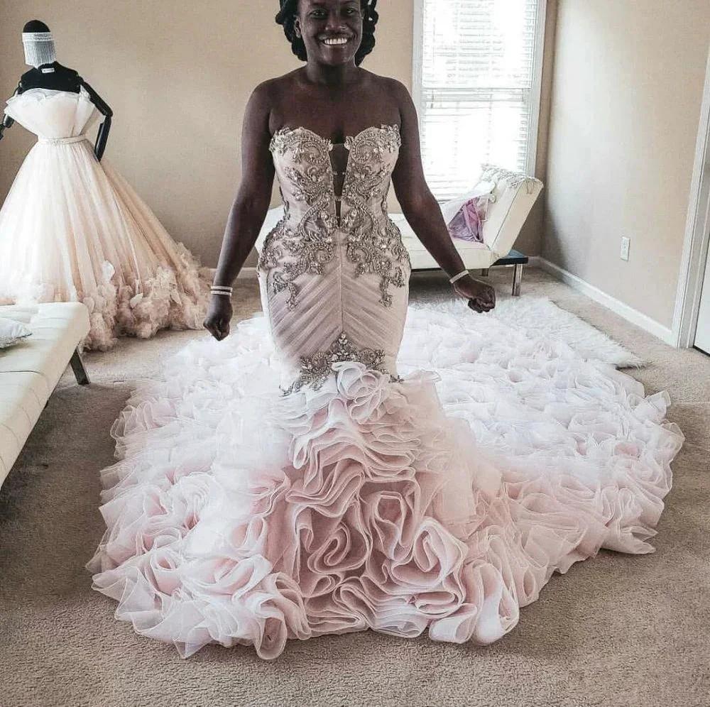 Plus Size Mermaid Crystal Lace Beads Sweetheart Long Train African Custom Made Ruffless Wedding Dress