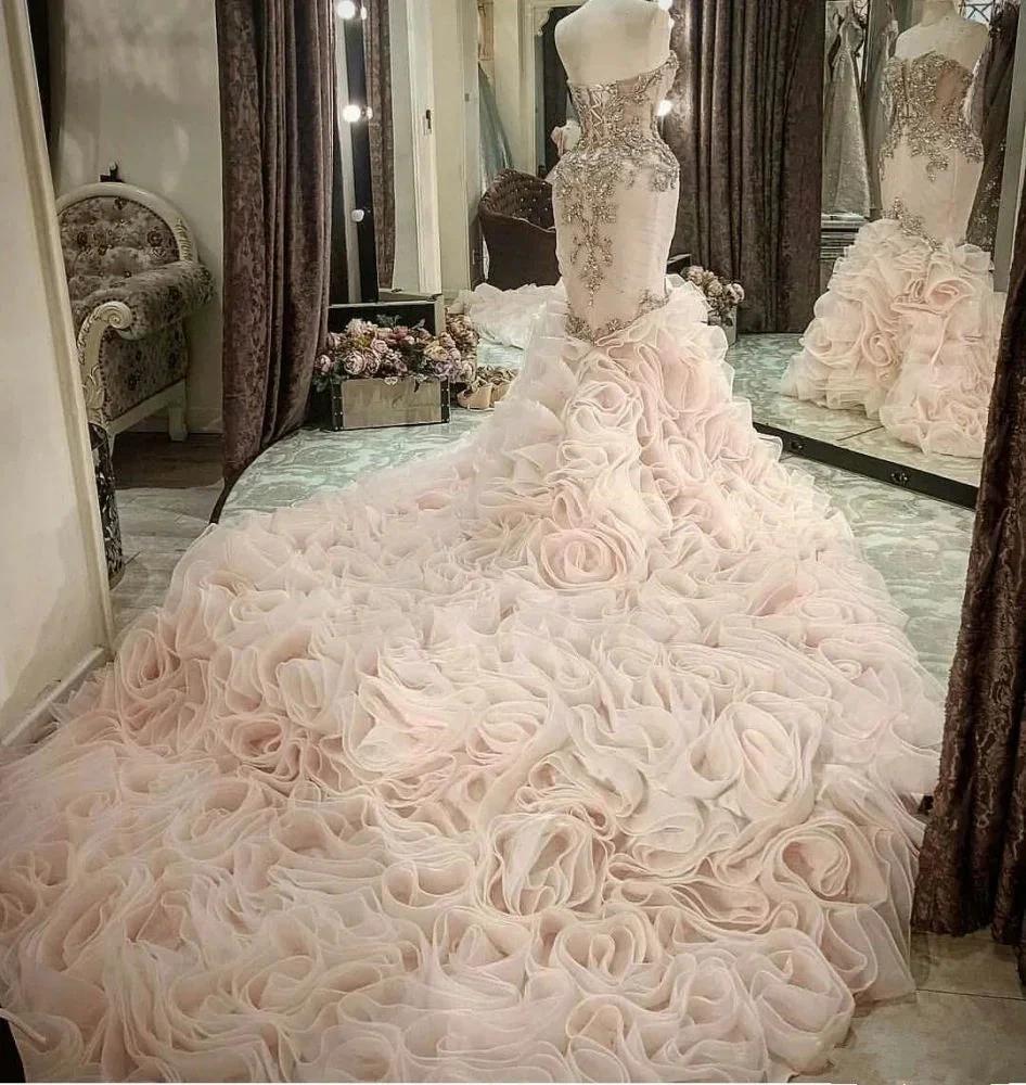 Plus Size Mermaid Crystal Lace Beads Sweetheart Long Train African Custom Made Ruffless Wedding Dress