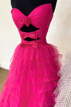 Polka Dot Strapless Ruffle Tiered Prom Gown with Keyholes