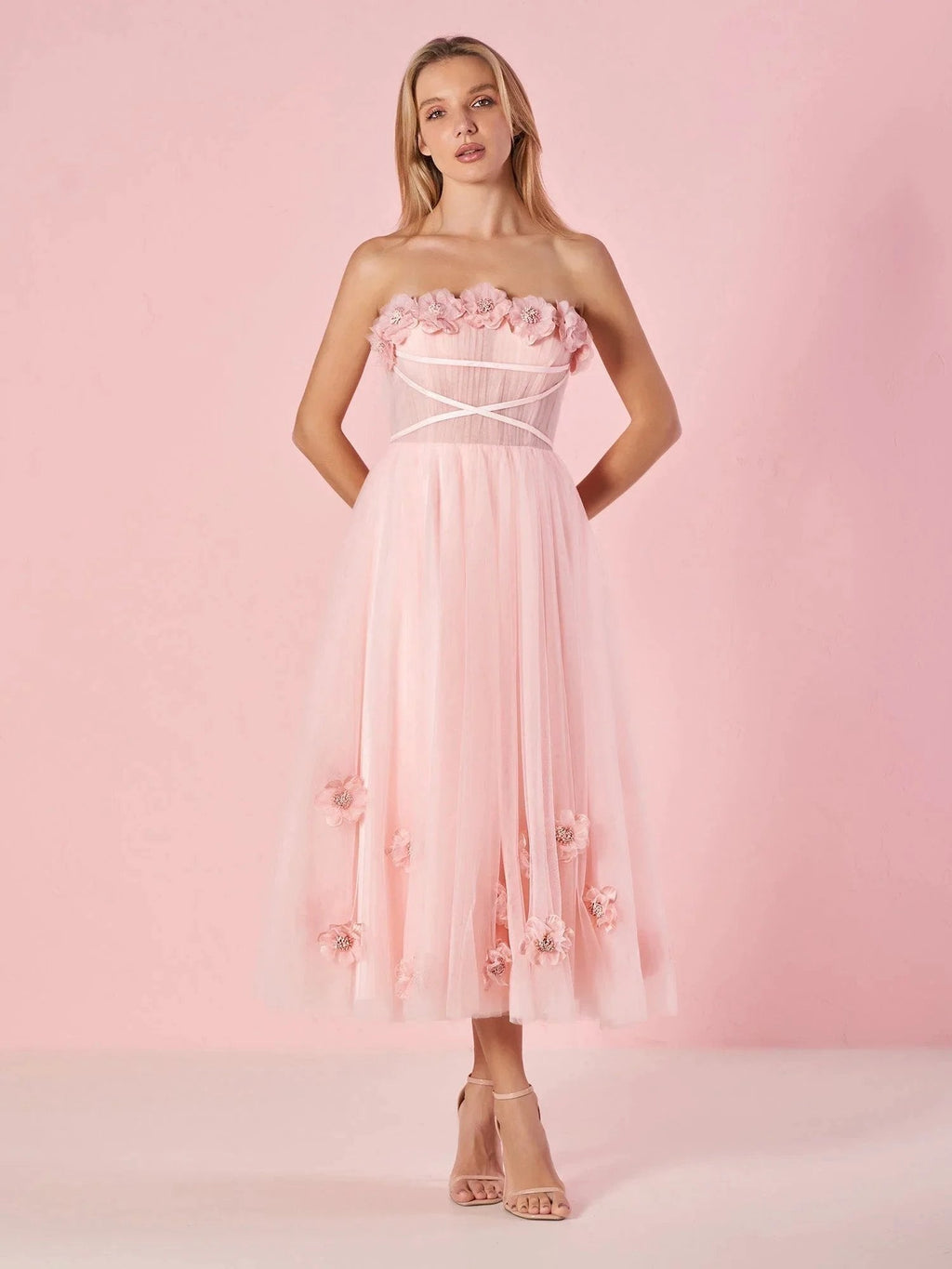 Pandora |Light Pink Princess Strapless Prom Dress with Flowers